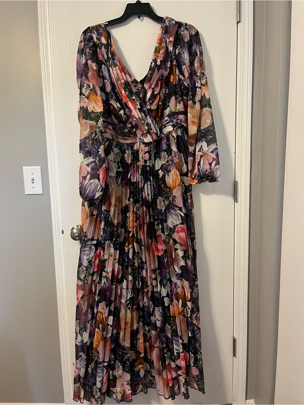 Adam Floral Pleated Maxi Dress in Purple and Pink Tones